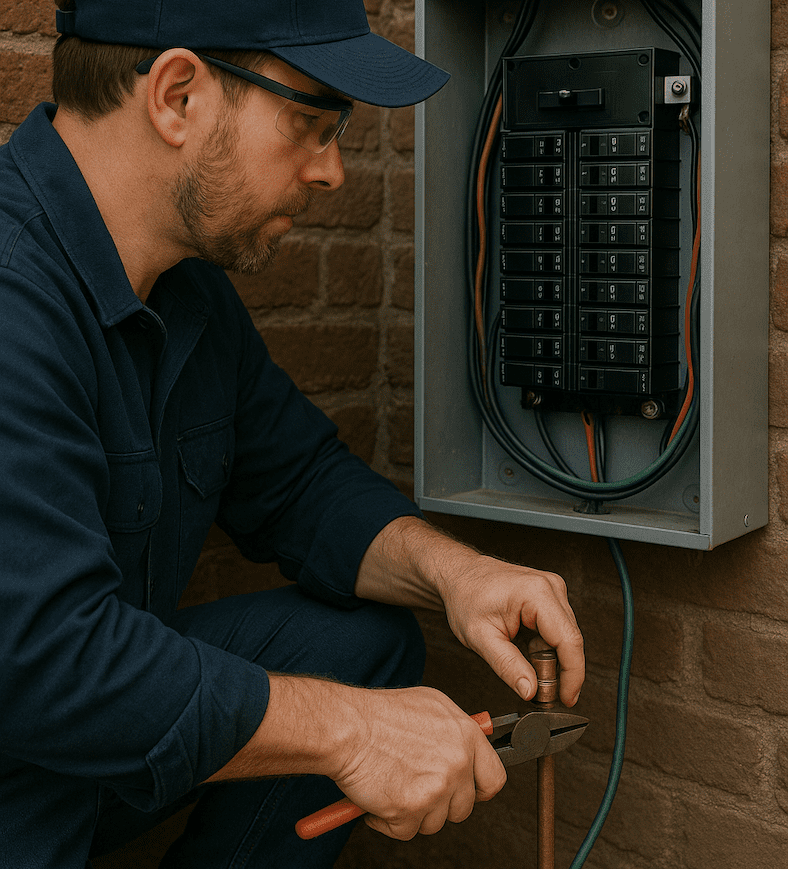 Renaisance Electric - Add Ground to Old Home Photo of an electrician installing a grounding rod or upgrading an old fuse panel.