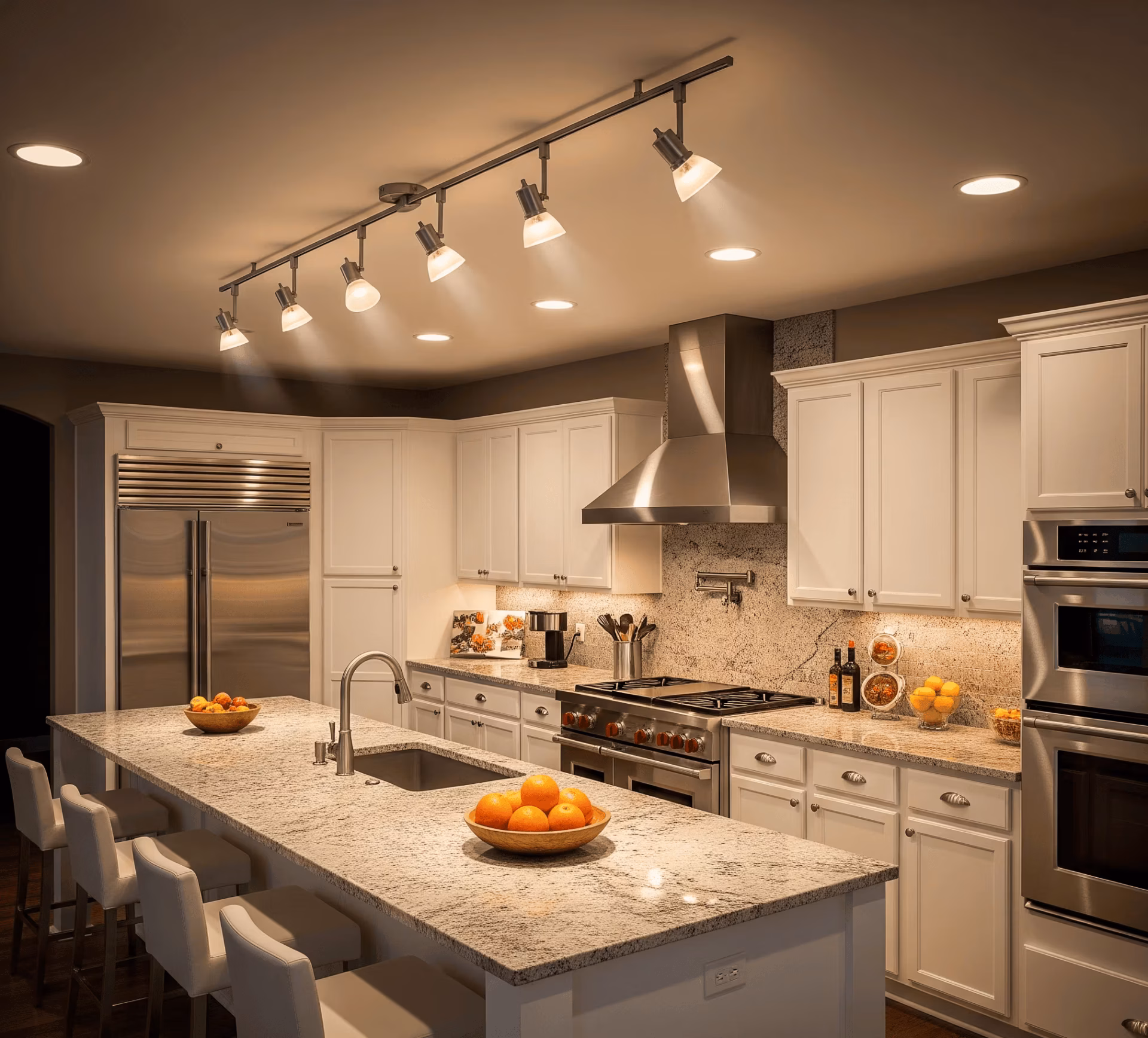 Renaissance Electric Track Lighting A professionally designed kitchen or retail space featuring ceiling-mounted track lighting with multiple adjustable heads focused on different areas.