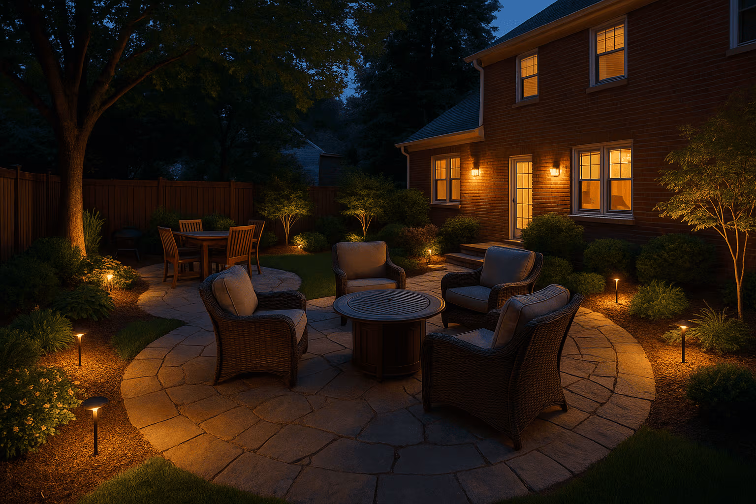 renaissance-electric-outdoor-lighting A cozy backyard or patio scene in the evening, with warm outdoor lighting illuminating seating areas, walkways, and landscaping in pittsburgh