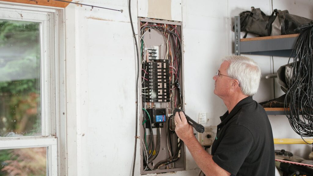An electrician carefully examining a residential electrical panel to check service capacity