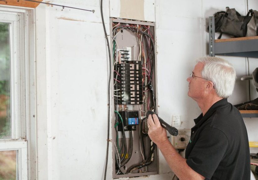 An electrician carefully examining a residential electrical panel to check service capacity
